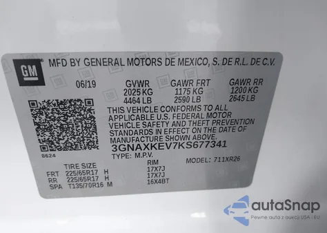 2019 Chevrolet Equinox Lt из США, поврежденный, VIN 3GNAXKEV7KS677341